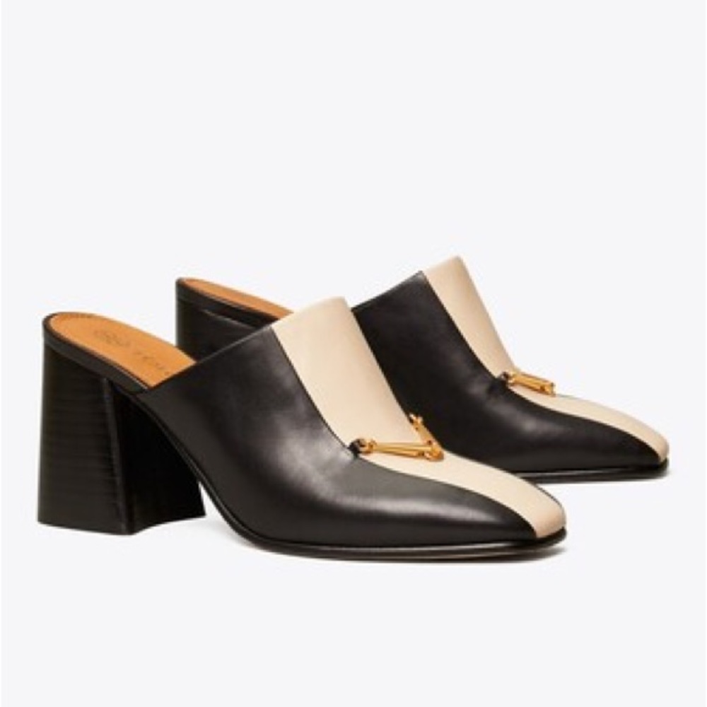 Tory Burch Black and Cream Leather Mules with Gold Accent